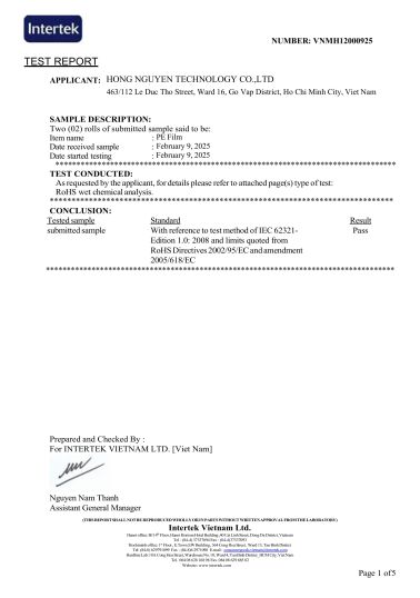 CHỨNG CHỈ MÀNG PE